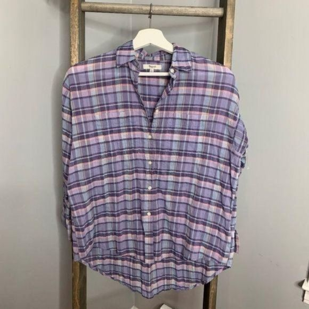 Madewell Gauze Blue Plaid Button‎ Front Top